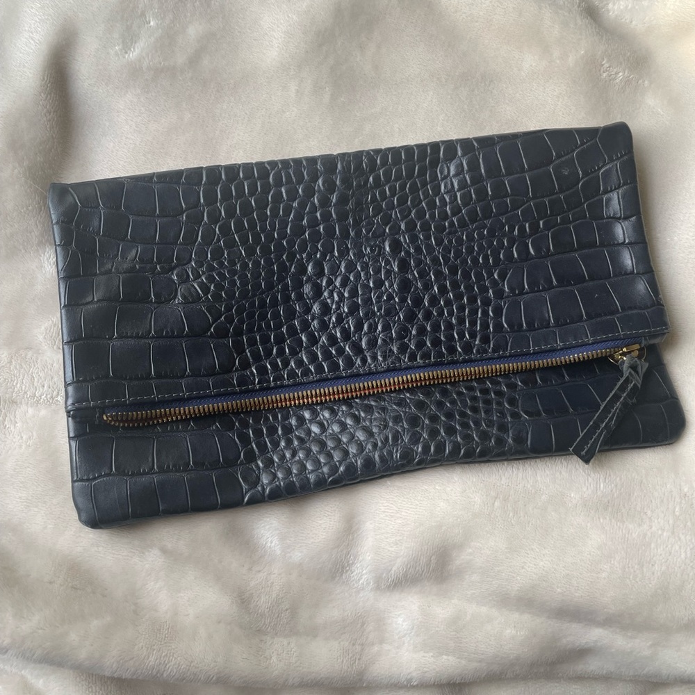 Clare V Navy Snakeskin Foldover Clutch with Red Trim ❤️